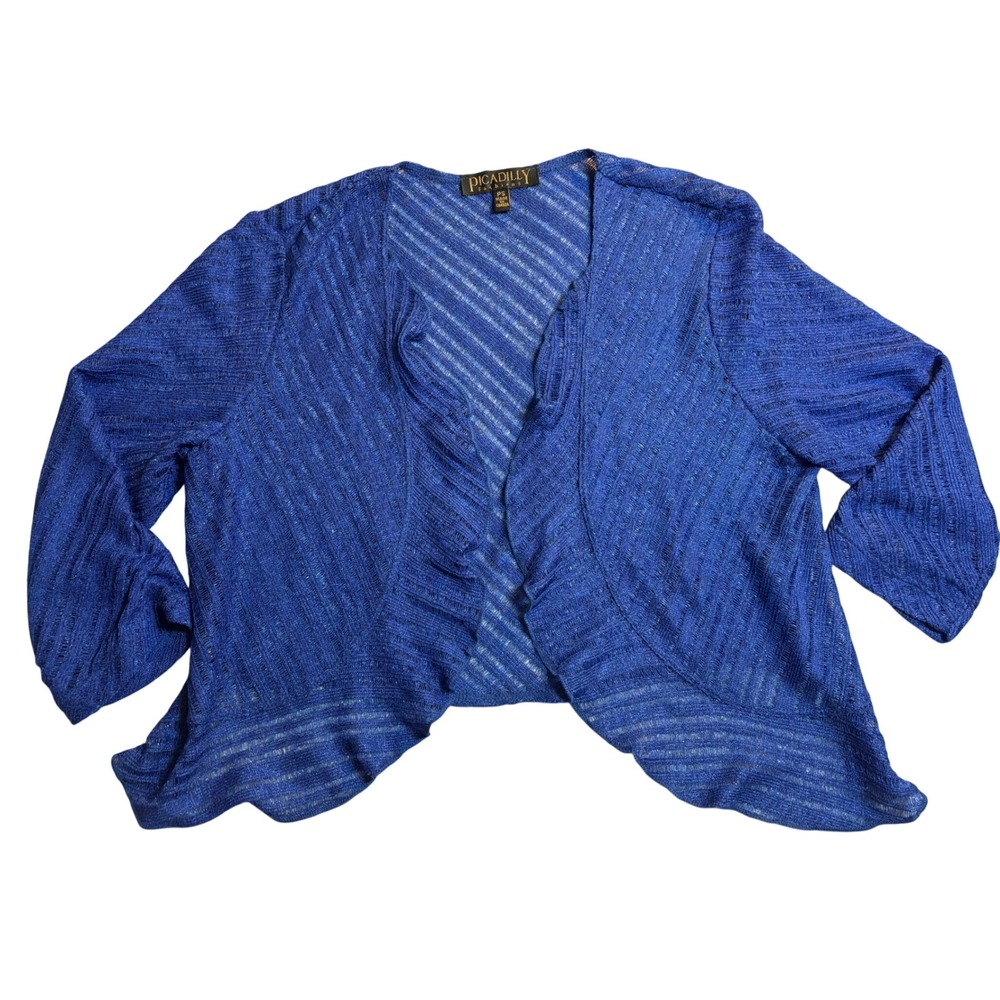Picadilly Fashions Shrug Women's Blue Excellent Metallic Knit Ruffle Size PS